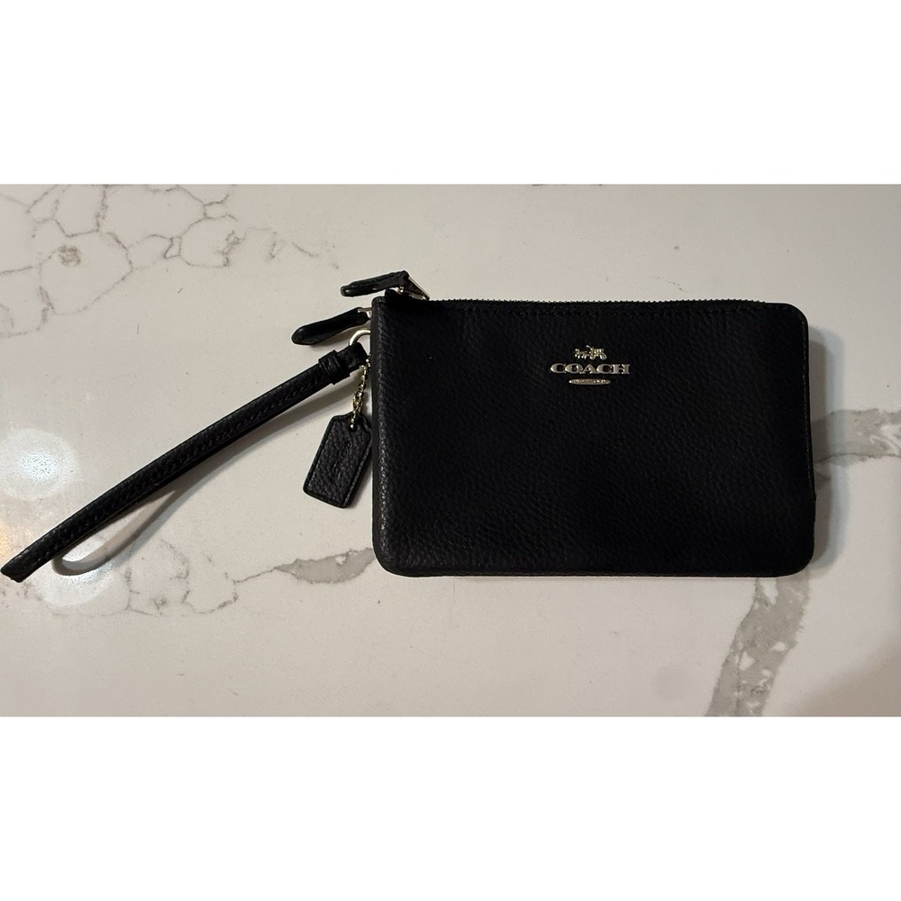 Coach Black Pebbled Leather Double Zip Wristlet Wallet Gold Tone EUC
